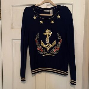Vintage Liz Claiborne Navy Sweater with Anchor and Star Embroidery
